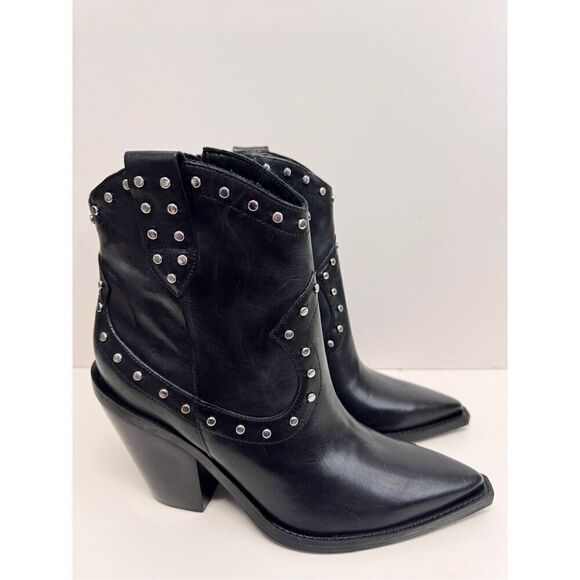 Arezzo Boots Size 10B Black Leather Block Heel Studded Booties Side Zip NEW - Picture 3 of 10